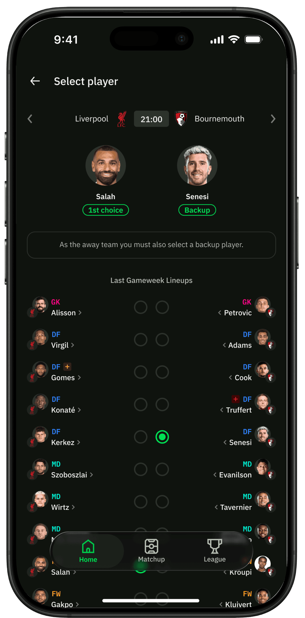 The player selection screen